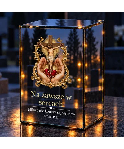 Znicz lustrzany LED – Serce w dłoniach pod krzyżem - noc na grobie