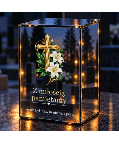 Znicz lustrzany LED – Złoty krzyż z białymi liliami - noc na grobie