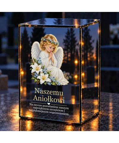 Znicz lustrzany LED – Aniołek z liliami i niezapominajkami - noc na grobie