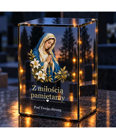 Znicz lustrzany LED – Maryja z różańcem i liliami - noc na grobie