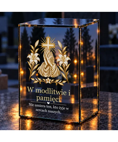 Znicz lustrzany LED – Modlitewne dłonie wśród lilii - noc na grobie