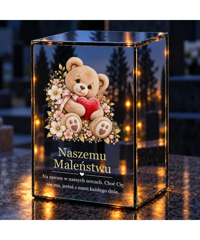 Znicz lustrzany LED – Miś z czerwonym serduszkiem - noc na grobie