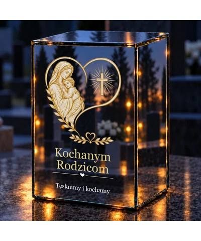 Znicz lustrzany LED – Dla Rodziców – Dwa serca pod opieką Maryi - noc na grobie