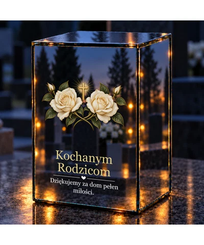 Znicz lustrzany LED – Dwie róże dla rodziców - noc na grobie
