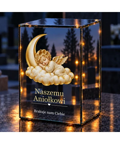 Znicz lustrzany LED – Aniołek na księżycu - noc na grobie