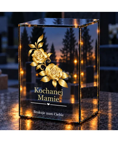 Znicz lustrzany LED – Dla Mamy – Dwie złote róże - noc na grobie