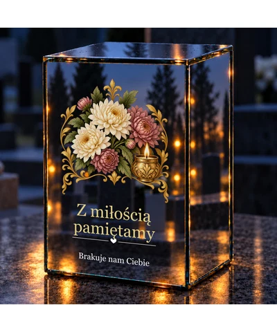 Znicz lustrzany LED – Chryzantemy i płomień - noc na grobie