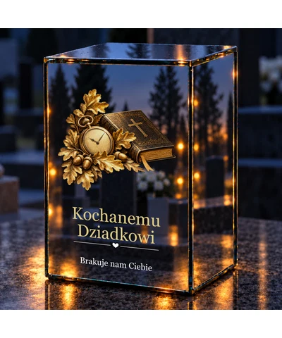 Znicz lustrzany LED – Dla Dziadka – Dębowe liście, księga i zegarek - noc na grobie