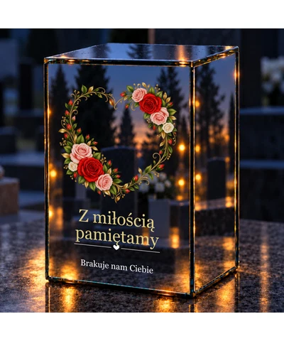 Znicz lustrzany LED – Wieniec róż w kształcie serca - noc na grobie