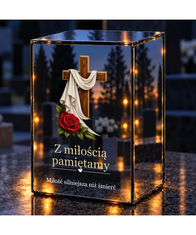 Znicz lustrzany LED – Drewniany krzyż z różą - noc na grobie
