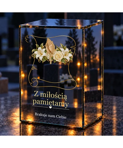 Znicz lustrzany LED – Lilie i róże na pergaminie - noc na grobie