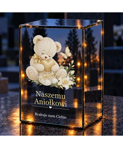 Znicz lustrzany LED – Miś — pamięć o dziecku - noc na grobie