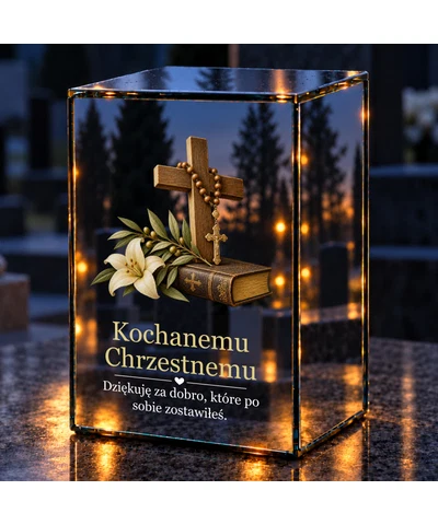 Znicz lustrzany LED – Dla chrzestnego - krzyż i różaniec - noc na grobie