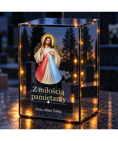 Znicz lustrzany LED – Jezus Miłosierny z gałązkami oliwnymi