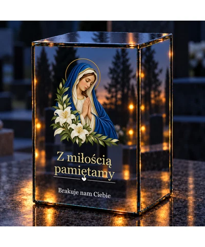 Znicz lustrzany LED – Maryja z liliami — pamięć i modlitwa - noc na grobie