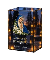 Znicz lustrzany LED – Maryja z liliami — pamięć i modlitwa - białe tło