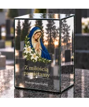 Znicz lustrzany LED – Maryja z liliami — pamięć i modlitwa - dzień na grobie