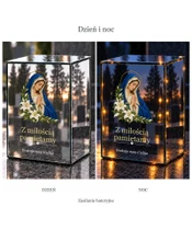 Znicz lustrzany LED – Maryja z liliami — pamięć i modlitwa - dzień i noc
