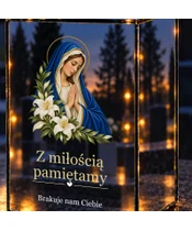 Znicz lustrzany LED – Maryja z liliami — pamięć i modlitwa - zbliżenie