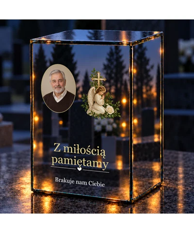 Znicz lustrzany LED – Aniołek ze zdjęciem - noc na grobie
