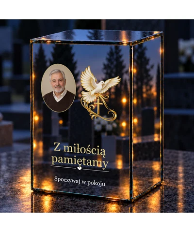 Znicz lustrzany LED – Gołąb z krzyżem ze zdjęciem - noc na grobie