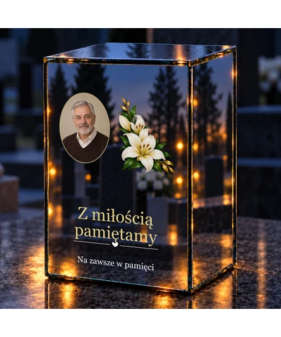 Znicz lustrzany LED – Lilie i wspomnienia ze zdjęciem - noc na grobie