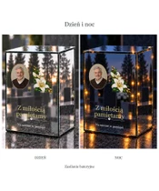 Znicz lustrzany LED – Lilie i wspomnienia ze zdjęciem - dzień i noc