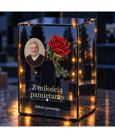 Znicz lustrzany LED – Róża ze zdjęciem - noc na grobie
