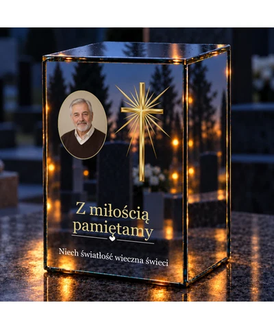 Znicz lustrzany LED – Krzyż w blasku ze zdjęciem - noc na grobie