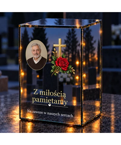 Znicz lustrzany LED – Złoty krzyż z różą ze zdjęciem - noc na grobie