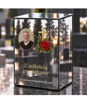 Znicz lustrzany LED – Złoty krzyż z różą ze zdjęciem - dzień na grobie