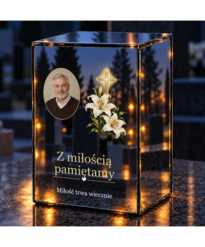 Znicz lustrzany LED – Krzyż z liliami ze zdjęciem - noc na grobie