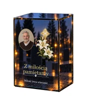Znicz lustrzany LED – Krzyż z liliami ze zdjęciem - białe tło