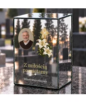 Znicz lustrzany LED – Krzyż z liliami ze zdjęciem - dzień na grobie