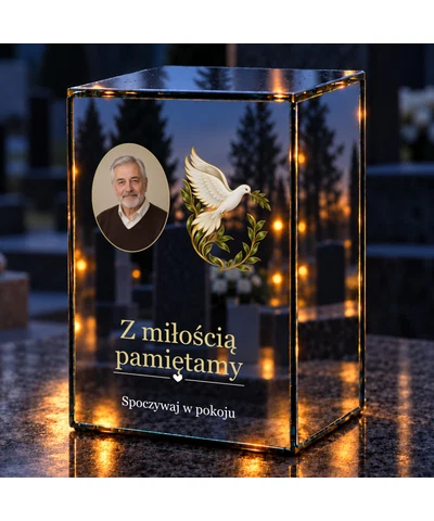 Znicz lustrzany LED – Gołąb z gałązką ze zdjęciem - noc na grobie