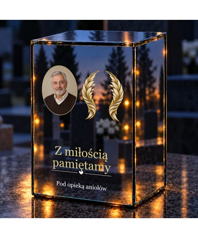 Znicz lustrzany LED – Skrzydła pamięci ze zdjęciem - noc na grobie