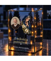 Znicz lustrzany LED – Maryja z liliami ze zdjęciem - noc na grobie