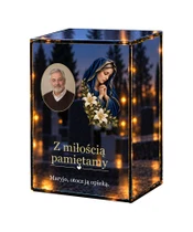 Znicz lustrzany LED – Maryja z liliami ze zdjęciem - białe tło