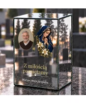 Znicz lustrzany LED – Maryja z liliami ze zdjęciem - dzień na grobie