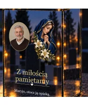 Znicz lustrzany LED – Maryja z liliami ze zdjęciem - zbliżenie