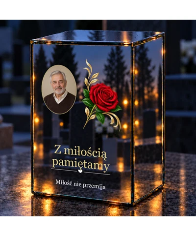 Znicz lustrzany LED – Róża pamięci ze zdjęciem - noc na grobie