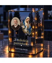 Znicz lustrzany LED – Maryja z różańcem ze zdjęciem - noc na grobie
