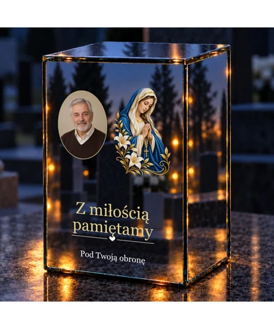 Znicz lustrzany LED – Maryja z różańcem ze zdjęciem - noc na grobie
