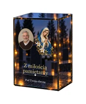 Znicz lustrzany LED – Maryja z różańcem ze zdjęciem - białe tło