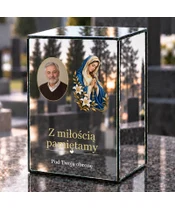 Znicz lustrzany LED – Maryja z różańcem ze zdjęciem - dzień na grobie