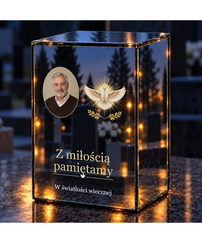 Znicz lustrzany LED – Gołąb w blasku ze zdjęciem - noc na grobie
