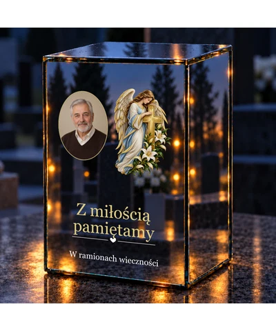 Znicz lustrzany LED – Anioł z krzyżem ze zdjęciem - noc na grobie