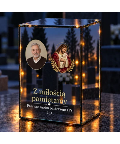 Znicz lustrzany LED – Dobry Pasterz ze zdjęciem - noc na grobie