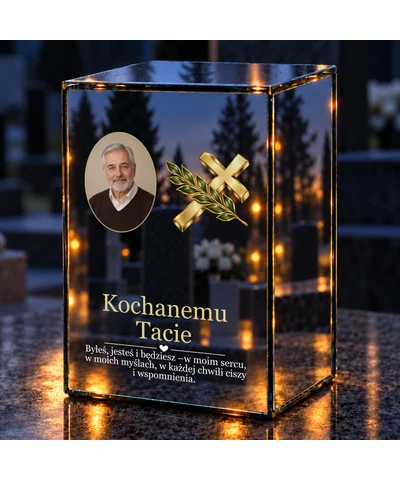Znicz lustrzany LED – Krzyż i gałązka — dla Taty ze zdjęciem - noc na grobie