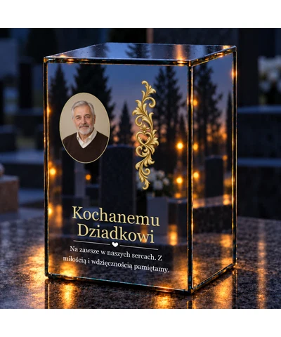 Znicz lustrzany LED – Złoty ornament — dla Dziadka ze zdjęciem - noc na grobie